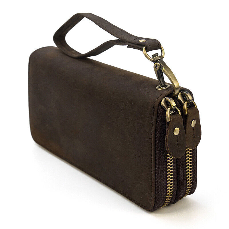 Top- Grain Leather Men's Clutch Bag, Long Zipper Wallets Retro Handbags