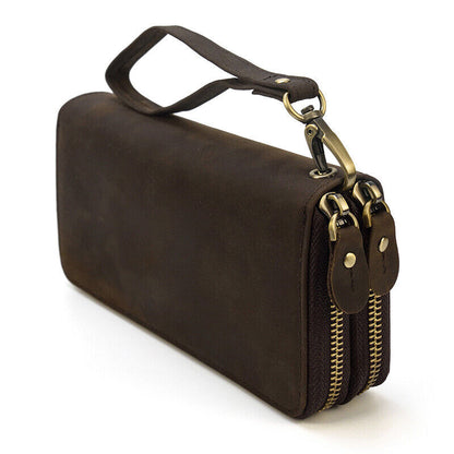 Top- Grain Leather Men's Clutch Bag, Long Zipper Wallets Retro Handbags