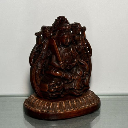 Chinese Boxwood Carving Bodhisattva Manjusri Statue Wooden Sculptures Ornaments