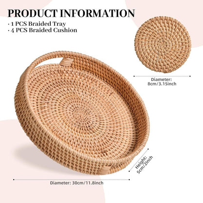 Large Round Rattan Serving Tray with 4 Coasters Coffee Table Home Decor 5 Pcs