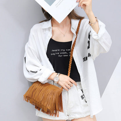 Retro PU Leather Hand-woven Tassel Shoulder Diagonal Designer Handbag Square Bag