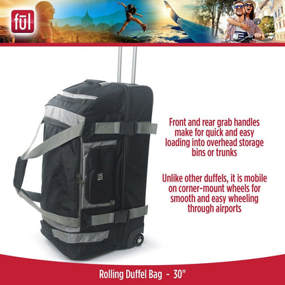 FUL Rig 30 Inch Rolling Duffel Bag, Travel Luggage with Wheels, 30", Black