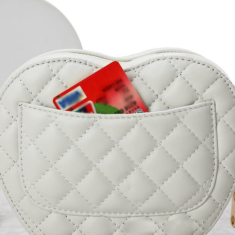 Small Mini Quilted Sheepskin Leather Heart Bag Clutch Shoulder Purse w/ Chain