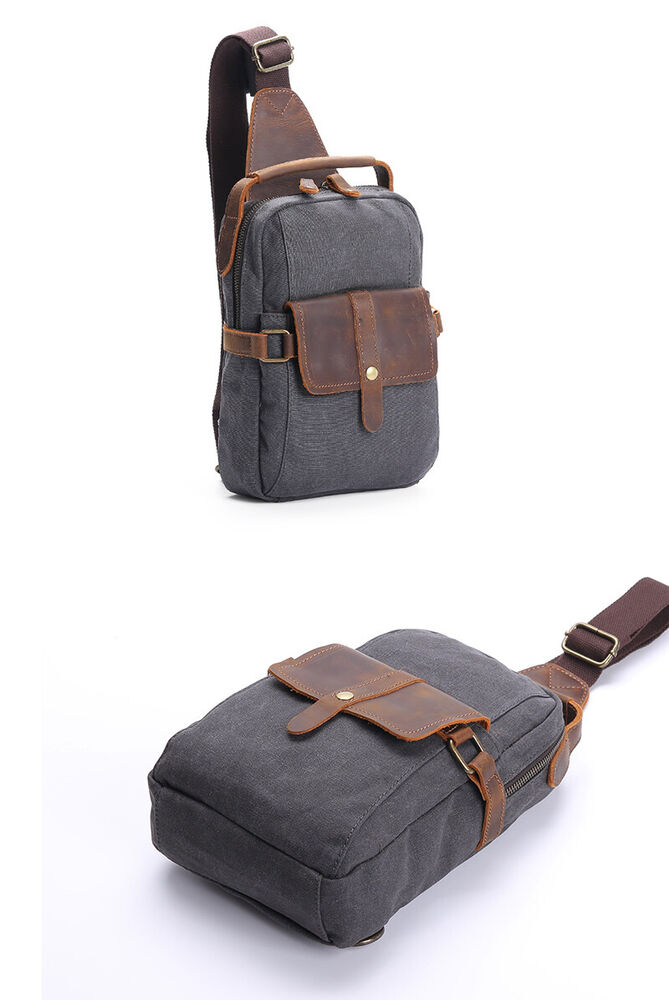 Canvas Real Leather Sling Bag One Strap Backpack Rucksack Chest Pack Vintage