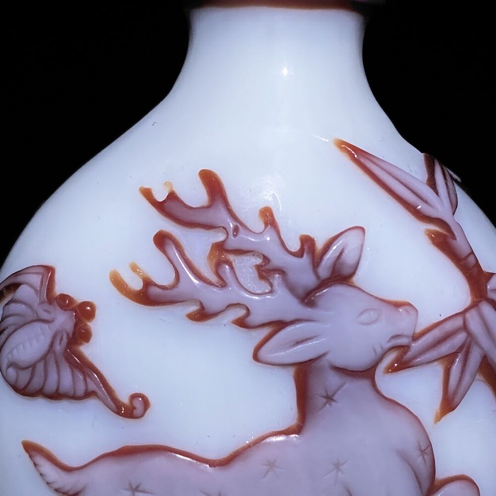 collections Old Beijing chinese glass snuff bottle carved crane statue deer nice