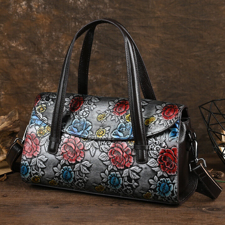 Genuine Leather Floral Embroidered Vintage Handbag Women's Tote Shoulder Bags