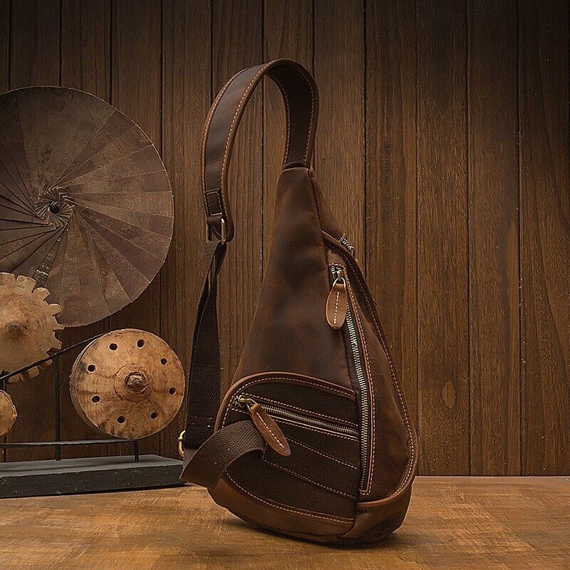 Crazy Horse Leather Men's Sling Backpack, Dark brown Top Leather Crossbody Bags