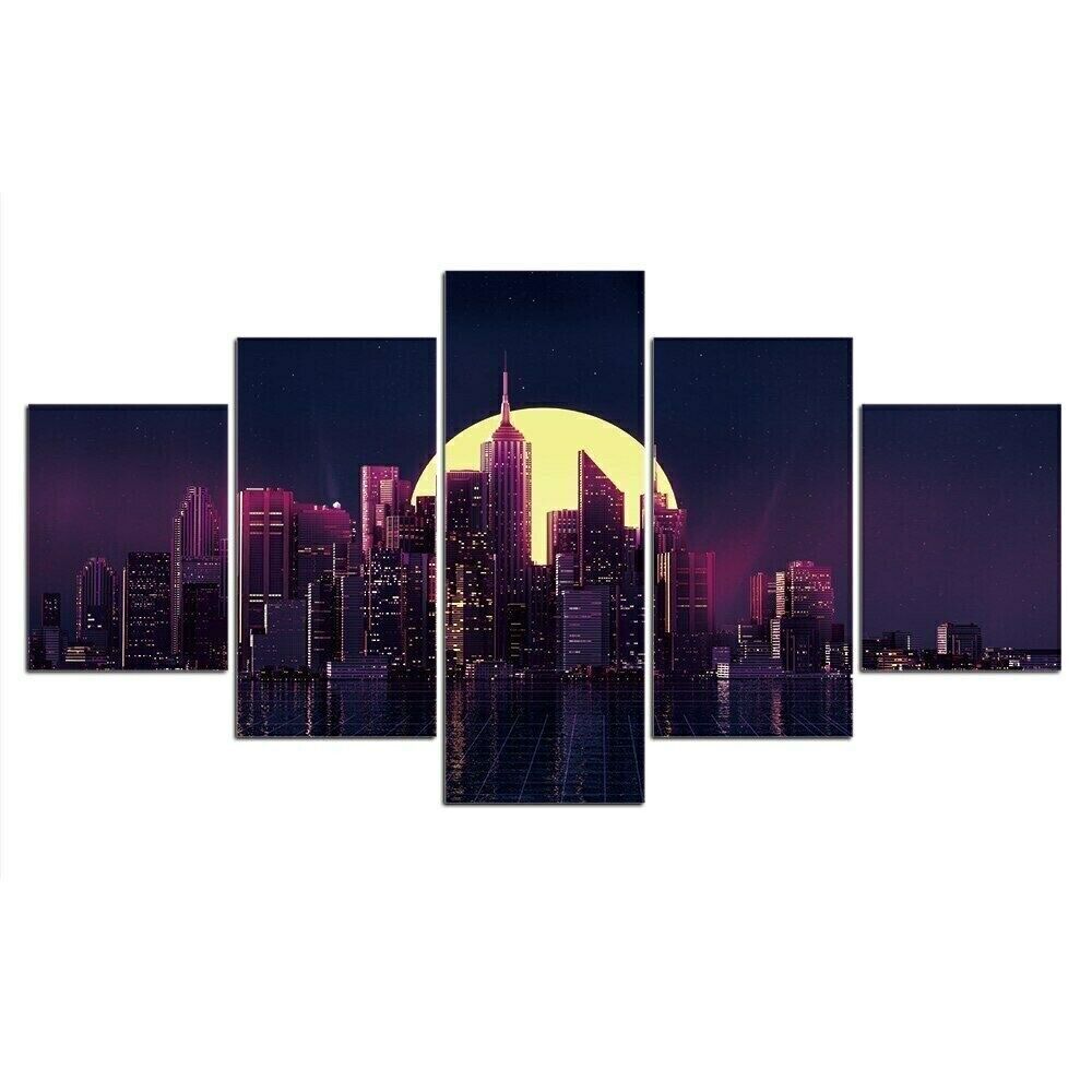 City Street Night Scene 5 Piece Canvas Print Wall Art Poster Home Decoration