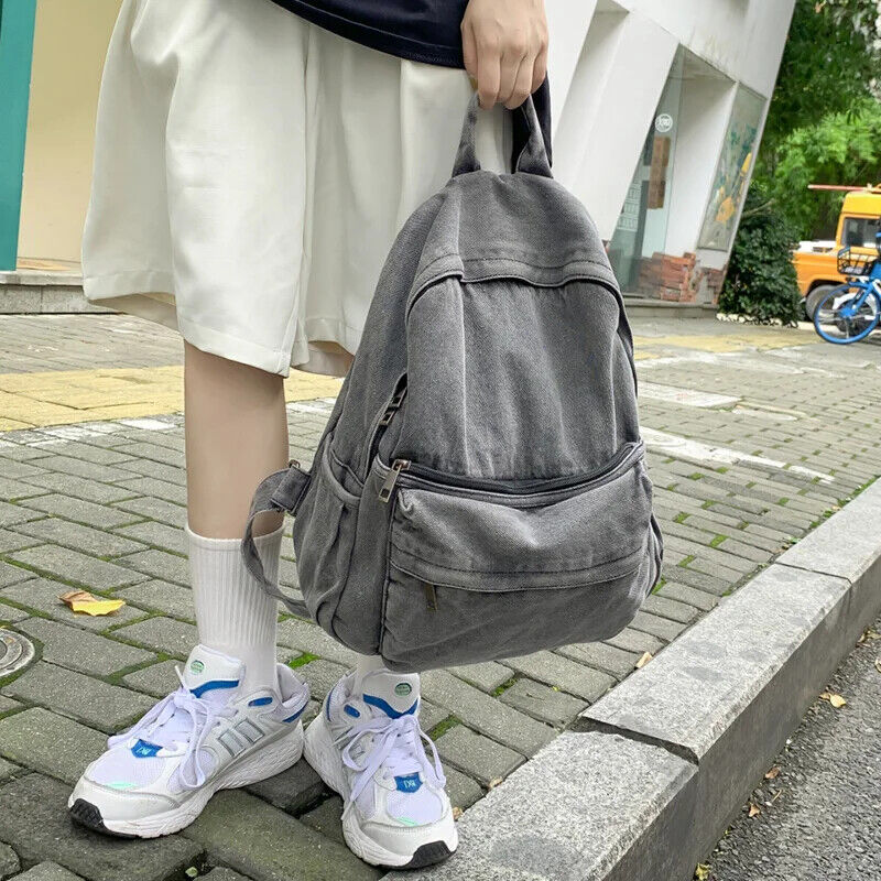 Gray Denim Backpack Women's Travel Shoulder Bag Schoolbags Suitable Boys Girls