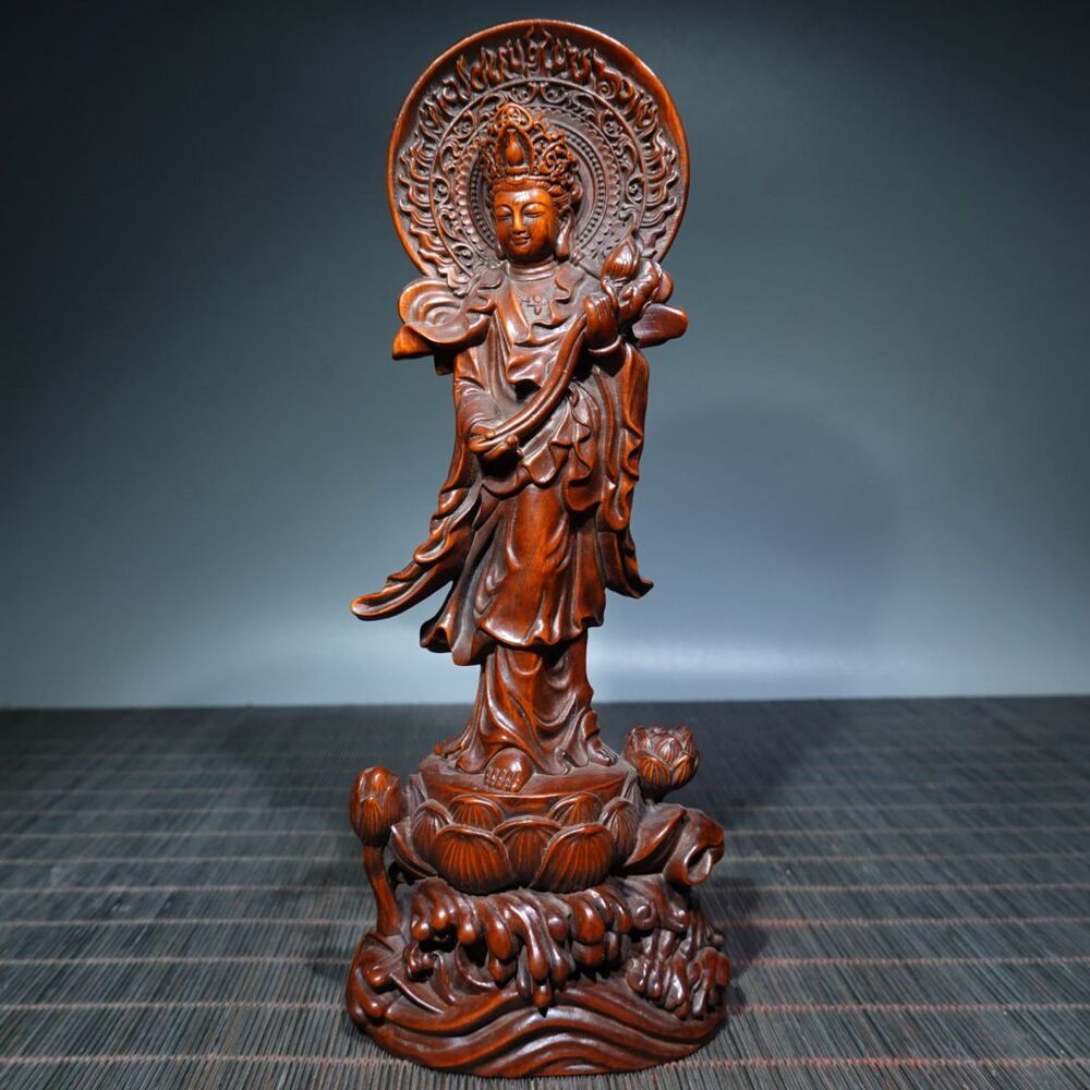 Antique Chinese Boxwood Carving Buddha Statue Wooden Sculptures Decor Collection