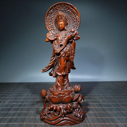 Antique Chinese Boxwood Carving Buddha Statue Wooden Sculptures Decor Collection
