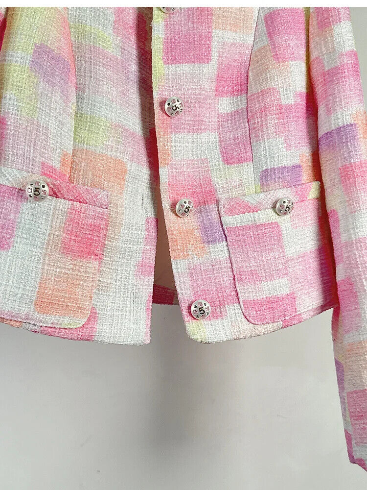 Autumn Winter French Plaid Tweed Short Jacket Coat Women Pockets Outwear