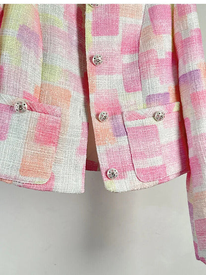 Autumn Winter French Plaid Tweed Short Jacket Coat Women Pockets Outwear