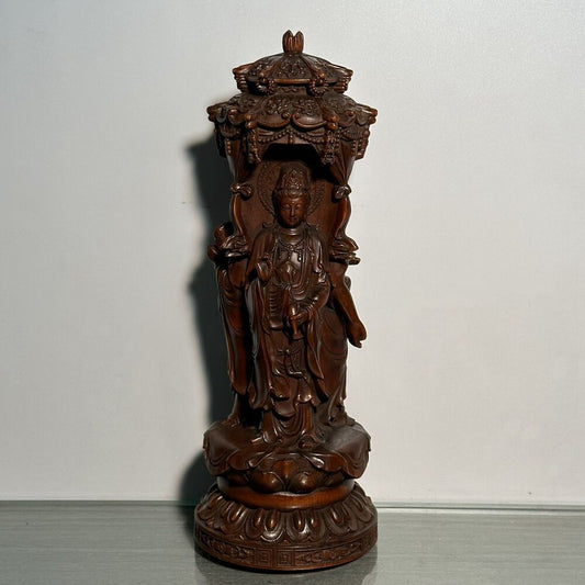 Vintage Chinese Antique Wooden Carving Three Sides Buddha Statue Wood Home Decor