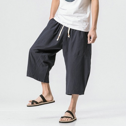 Man Cotton Linen Leg Pants Loose Calf-Length Pants Bloomer Summer Baggy Trousers