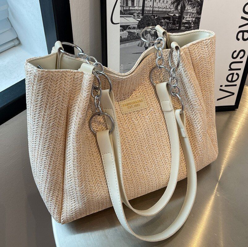Large Shoulder Bag Straw Tote Purse Beach Handbag Underarm Polyester Satchel Bag