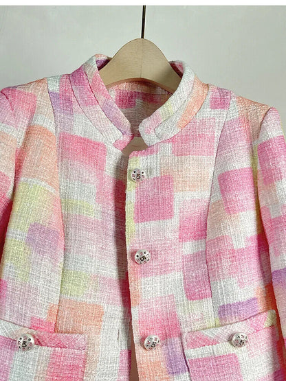Autumn Winter French Plaid Tweed Short Jacket Coat Women Pockets Outwear