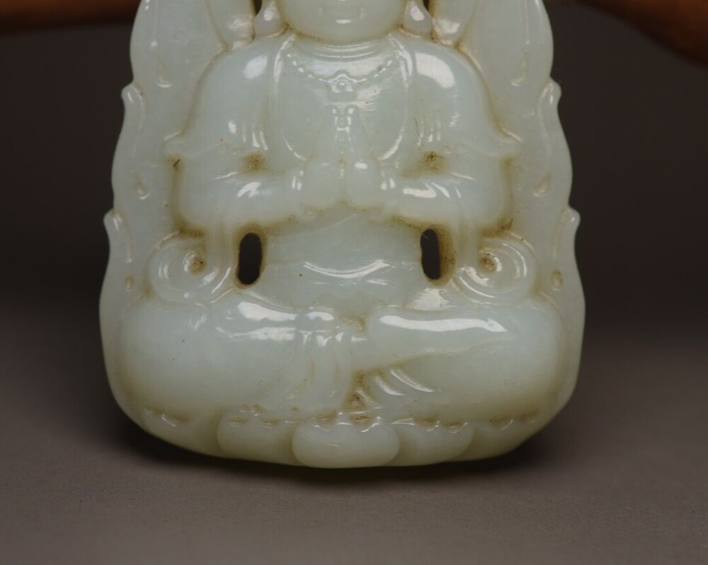Chinese Beautiful Natural Hetian Jade Carving Kuan Yin Statue White Jade Pendant