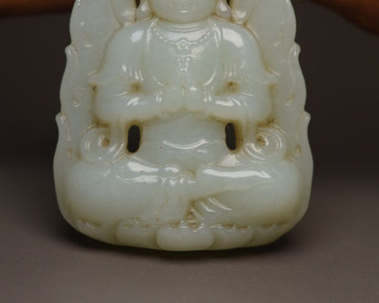 Chinese Beautiful Natural Hetian Jade Carving Kuan Yin Statue White Jade Pendant