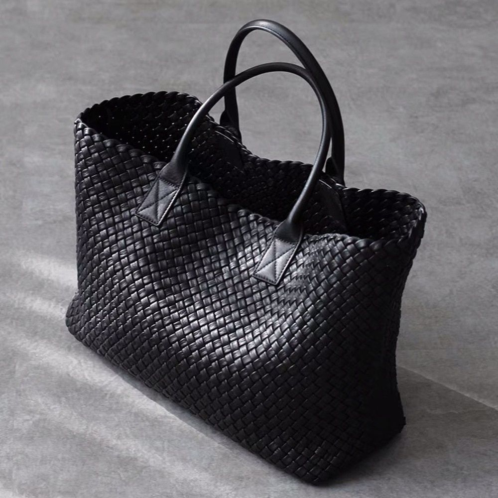 Tote Synthetic Leather Knitting Shoulder Shopper Bag Woven Large Purse Black 1PC