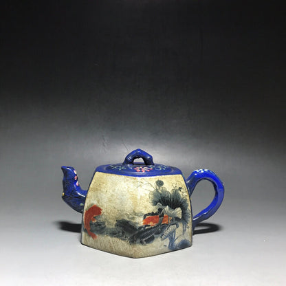 Chinese Yixing Zisha Clay Handmade Exquisite Teapot（六方莲年有鱼 底款：杨鹏年）