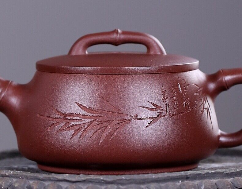 true yixing zisha teapot hand carved bamboo marked big mouth for Pu'er tea 6.8oz