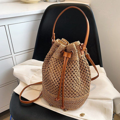 Drawstring Straw Bucket Bag Woven Shoulder Purse Handbag Polyester Crossbody Bag