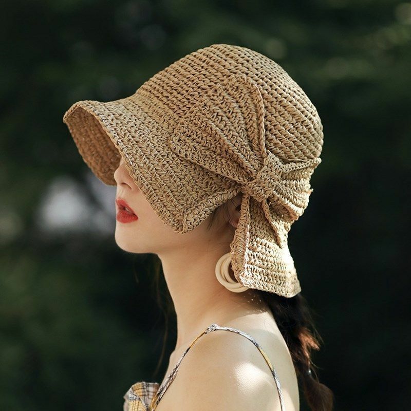 Bow Sun Hat Parent-child Wide Brim Floppy Beach Panama Straw Bucket Femme Shade