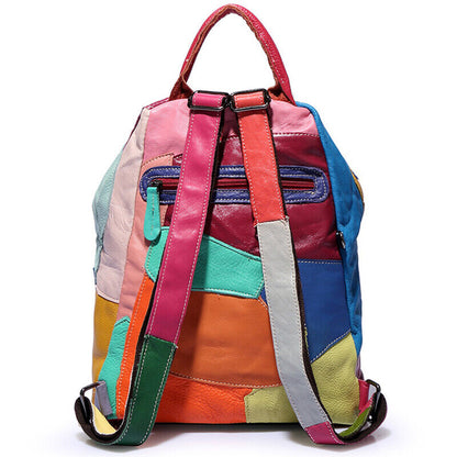 Sheepskin Leather Women's Colorful Blocks Patchwork Backpack Travel Bag Rucksack