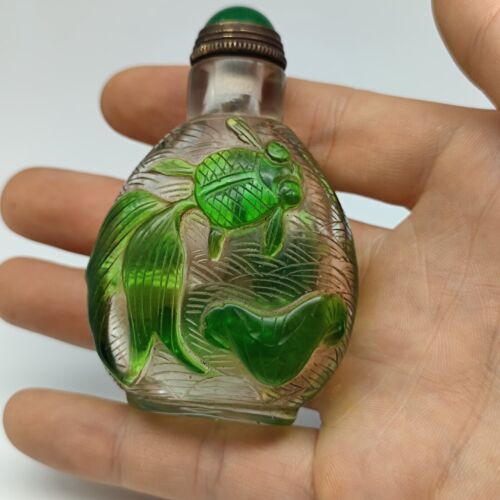 Collection Antique Chinese Green Glazed Nice Snuff Bottle Carved Goldfish Statue