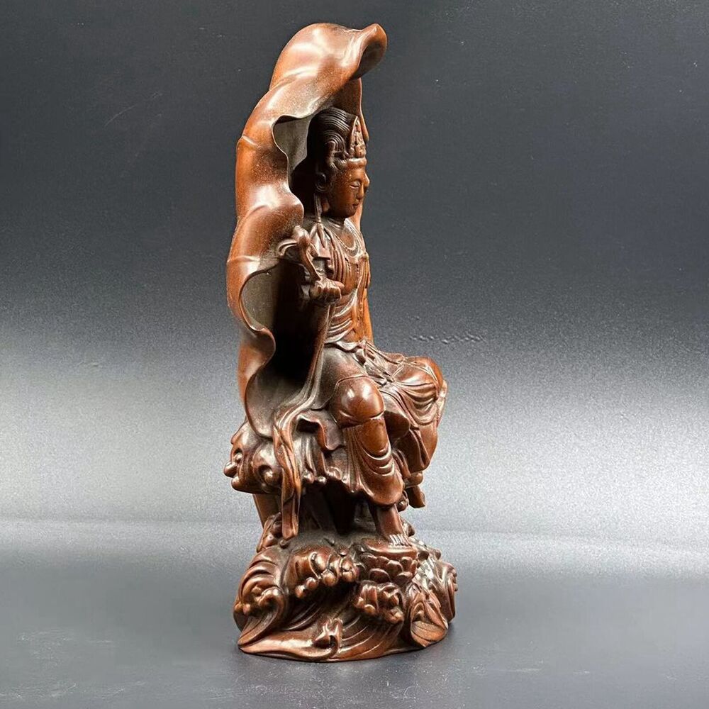Chinese Boxwood Carving Lotus Leaf Kwan Yin Statue Wood Figurine Decoration Art