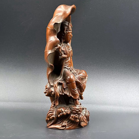 Chinese Boxwood Carving Lotus Leaf Kwan Yin Statue Wood Figurine Decoration Art