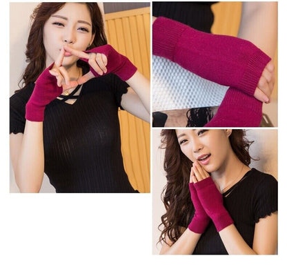 Women Winter Gloves Cashmere Knitted Cotton Fingerless Warm Stretch Half Mittens