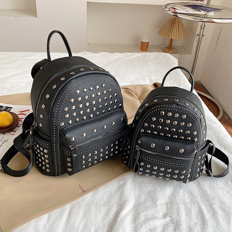 Punk Style Rivet Black Leather Backpack Zip Small/ Big Bag Women Purse Traveling