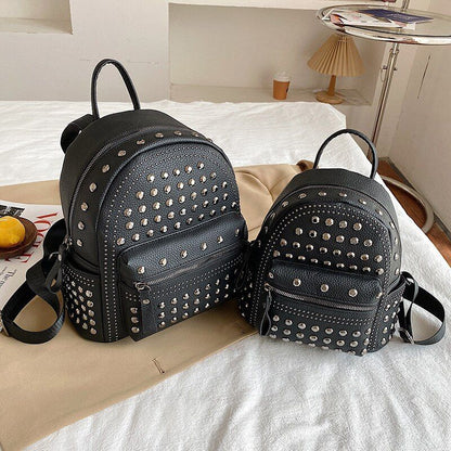 Punk Style Rivet Black Leather Backpack Zip Small/ Big Bag Women Purse Traveling