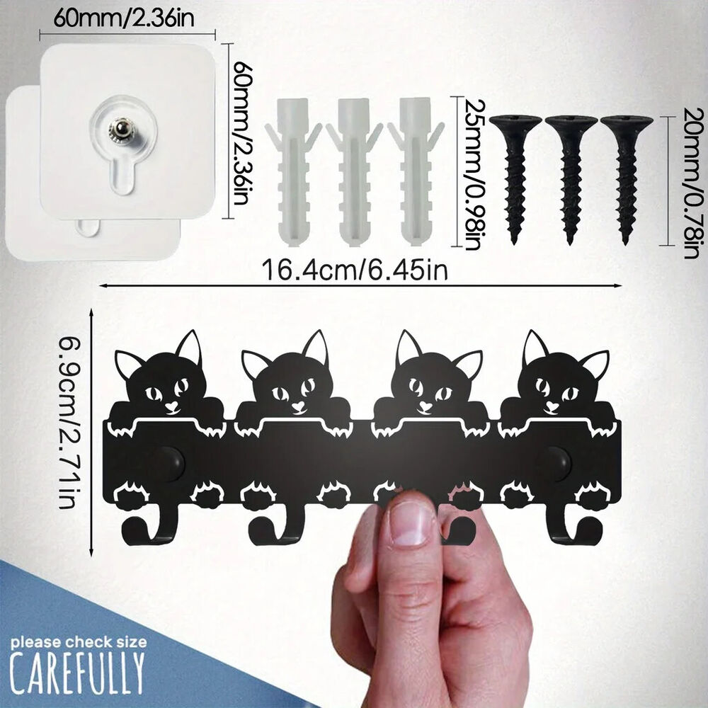 1pc Wall Mounted Cats Key Rack, Black Metal Key Holder, Storage Rack Hook