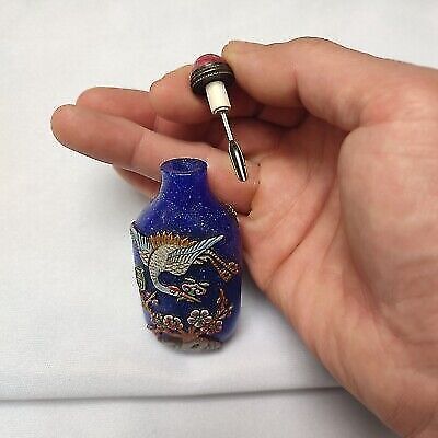Old Beijing chinese colored glaze peking glass snuff bottle painted carved crane