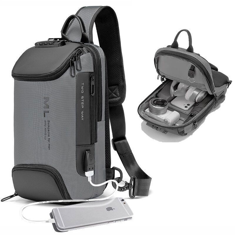 Men Anti-theft Lock Shoulder Bags USB Charging Crossbody Travel Chest Bag Pack