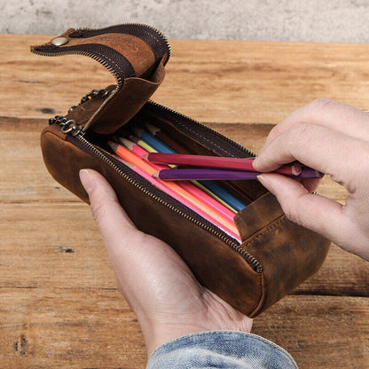 Handmade Cowhide Leather Pen Pouch Zipper Pencil Case Stationery Storage Pen Bag