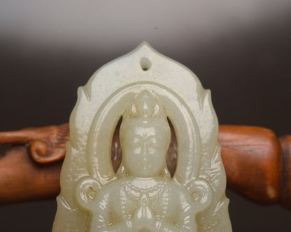 Chinese Natural Hetian Jade Carving Kuan Yin White Jade Pendant Jewelry Collect