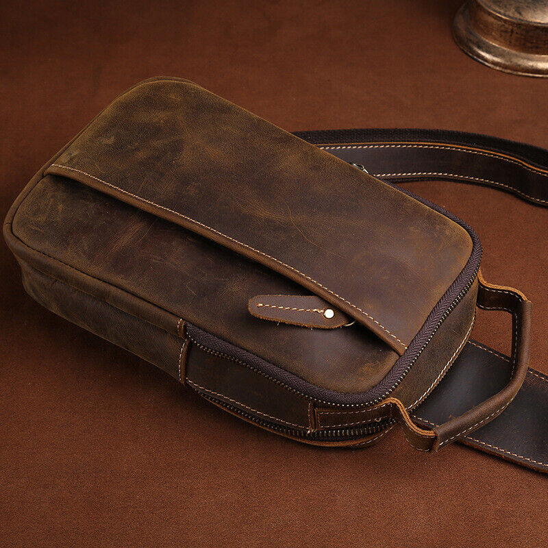 Mens Coffee Vintage Crossbody Bag Cowhide Crazy Horse Leather Sling Shoulder Bag