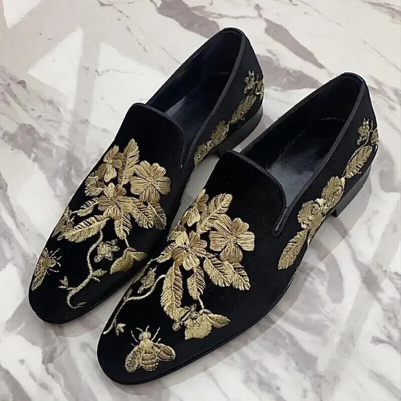Loafers Men Shoes Black Embroidery Flower Business Casual Shoes