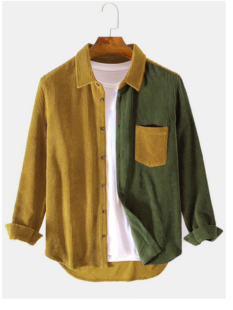 New Mens Spliced Corduroy Shirt Long Sleeve Jacket Button Up Casual Regular Fit