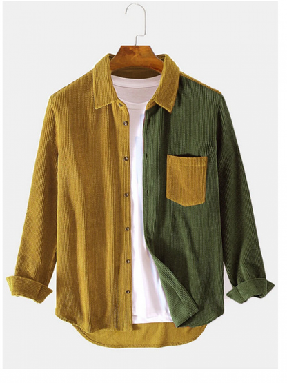New Mens Spliced Corduroy Shirt Long Sleeve Jacket Button Up Casual Regular Fit