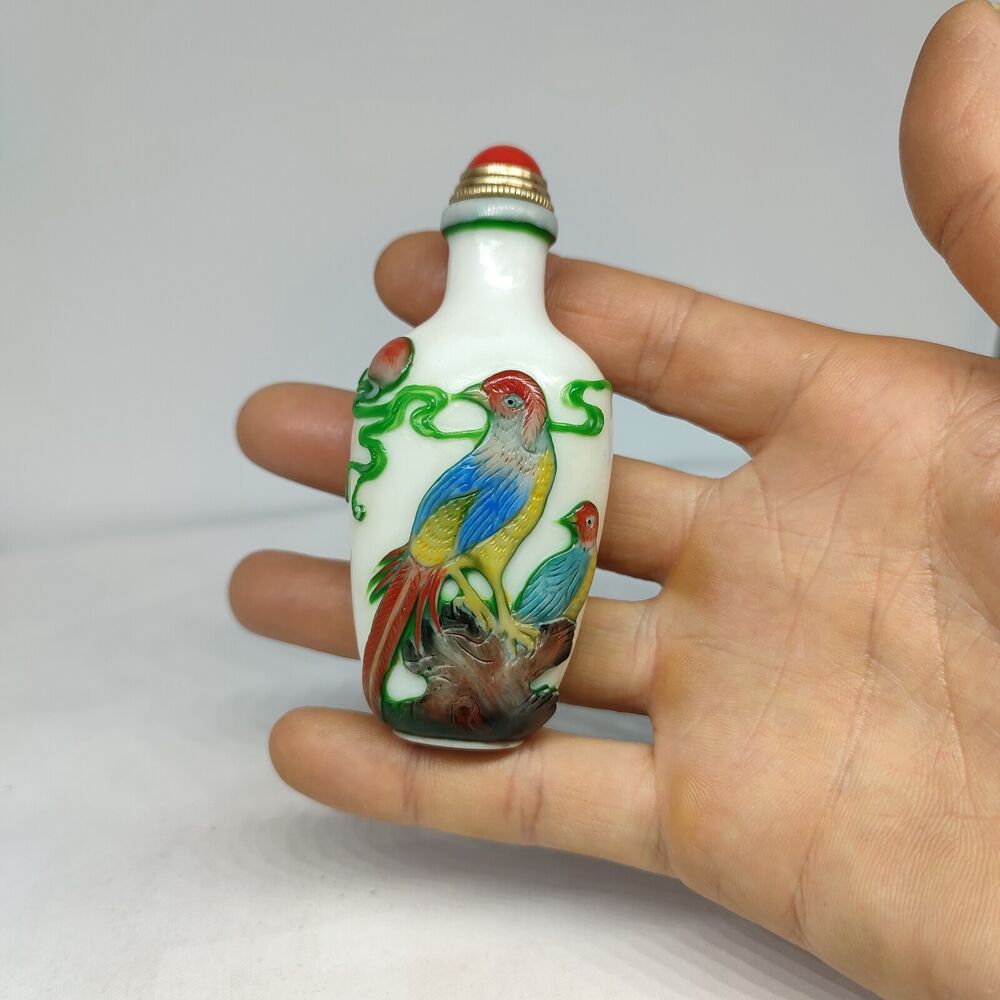 chinese carved tree bird statue peking glass snuff bottle painted Carving glaze