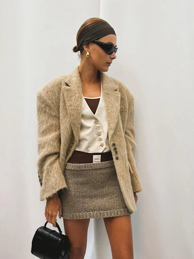 Plush Blazer Coat For Women Lapel Collar Warm Jacket Lady Commuter Outwear