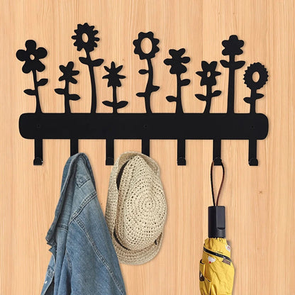 1pc Flower Metal Key Holder 7 Hooks Tulip Daisy Black Iron Wall Mounted Hooks