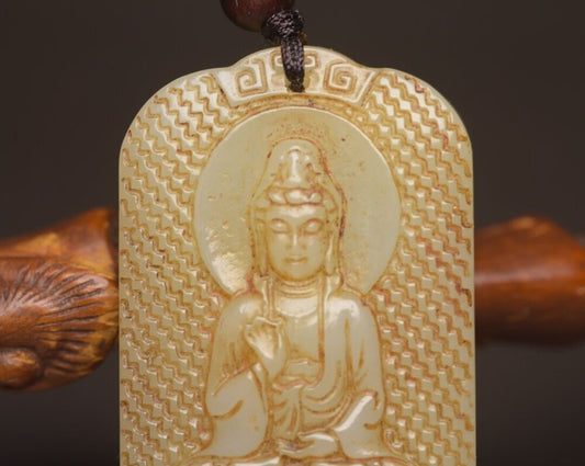 Chinese Antique Hetian Jade Carving Guanyin Statue Lucky Jade Pendant Amulets