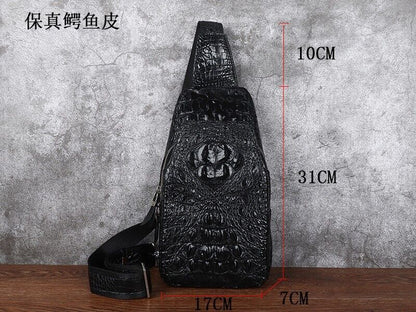 Black Alligator Crocodile Skin Leather Sling Backpack Men's Luxury Crossbody bag