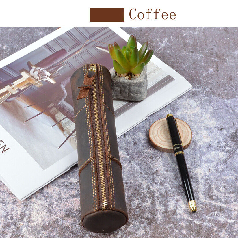 Handmade Cowhide Leather Pen Pouch Zipper Pencil Case Stationery Storage Bag